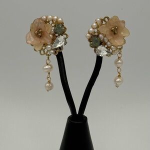 Handmade Dainty Cherry Blossom Crystals and Baroque Pearls Drop Earrings
